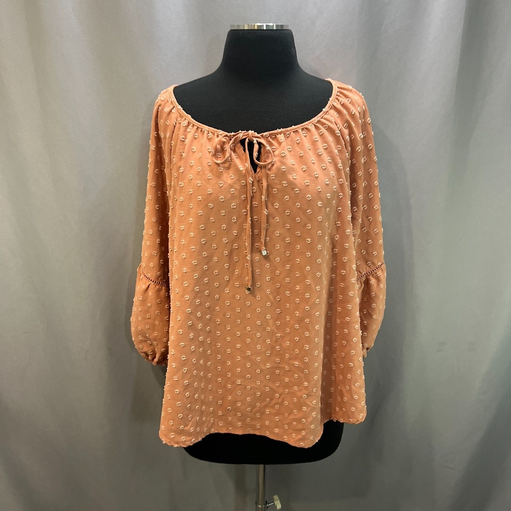 Adrienne Vittadini Tunic Blouse Womens XL Coral Swiss Dot Textured Tie Front
